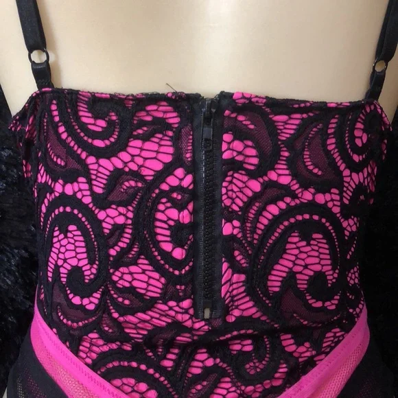Pink & Black Lace Bodysuit with Bottom Closure - Picture 6 of 11
